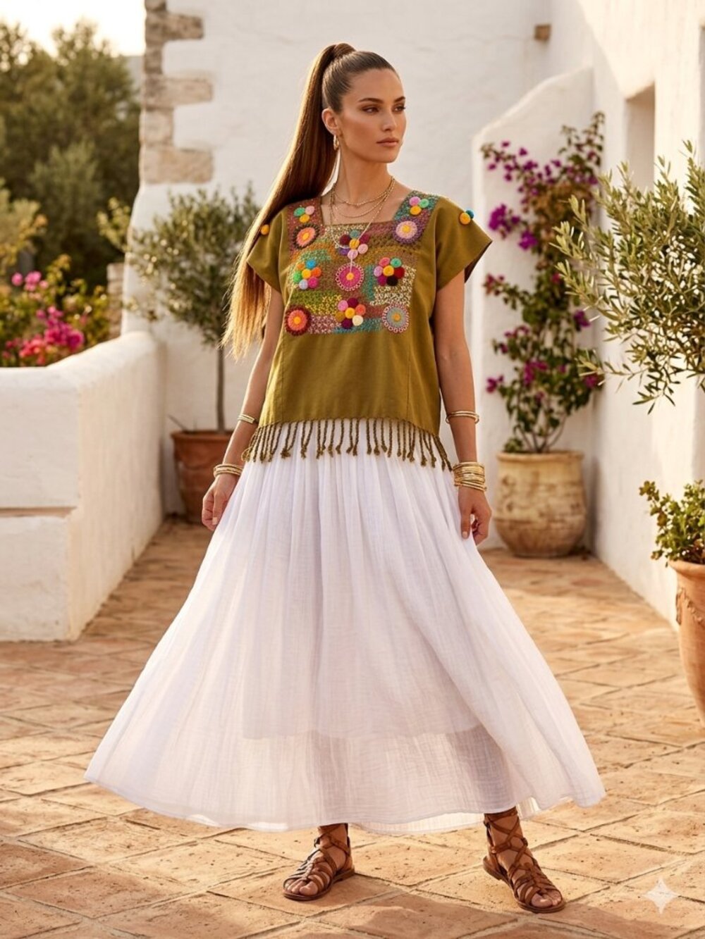 Artisanal Boho Boxy Oversized Hand Crafted Top with Colorful Embroidery & Fringe